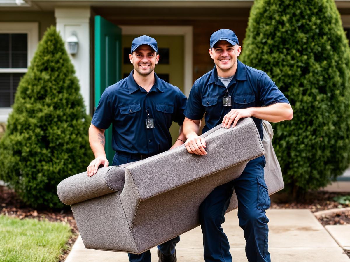 Two BIGWHEEL crew members carrying a gray sofa out of a Seattle-area home